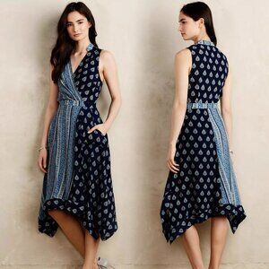 Anthropologie Maeve Eclipsed Wrap Dress Blue Paisley Sleeveless Handkerchief Hem
